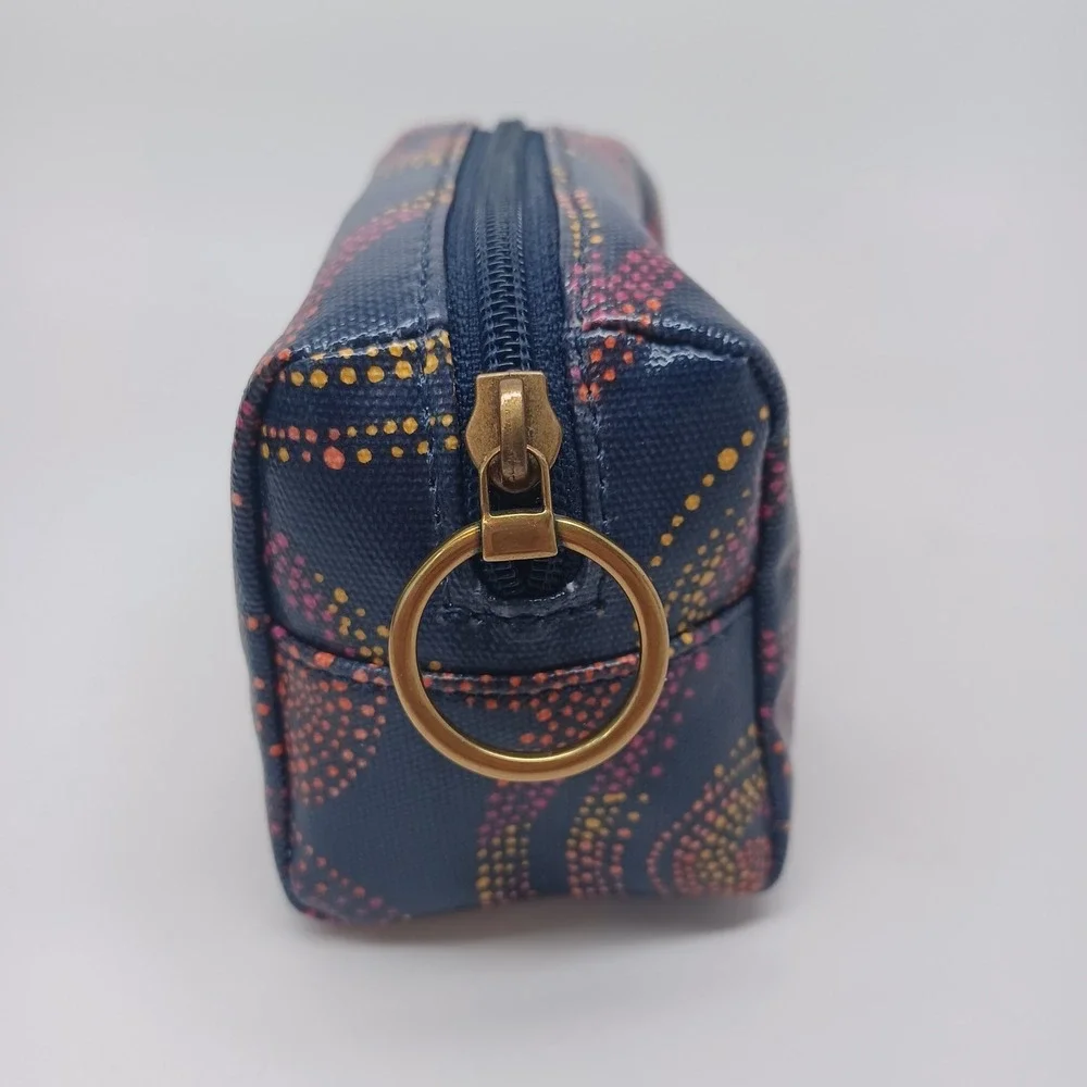 Fossil Blue Dot Swirl Coated Canvas Small Makeup Pouch Coin Bag Brass Ring Pull